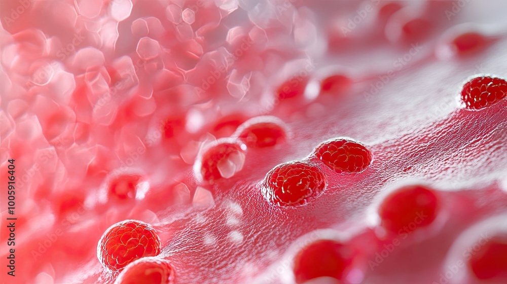 Poster close-up of vibrant red cells with a soft focus, showcasing their texture and color in an abstract c