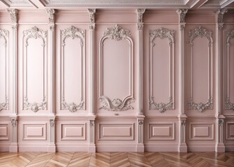 Elegant Empty Light Pink Wall Mockup with Victorian Style Panels for Stylish Interior Design Presentations and
