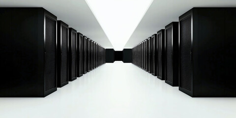 minimalist high-tech data center with rows of server racks under bright overhead lighting, modern server background, black and white design banner