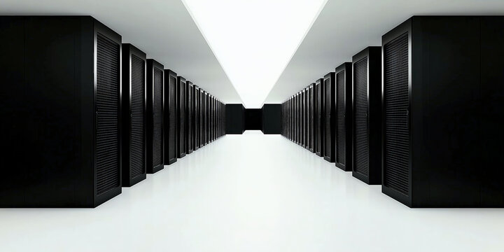 minimalist high-tech data center with rows of server racks under bright overhead lighting, modern server background, black and white design banner