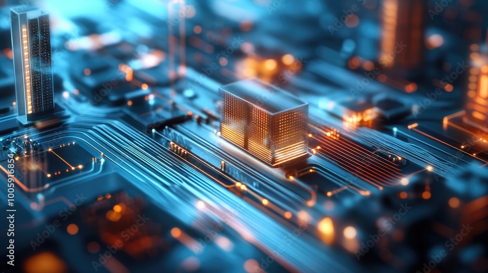 Poster close-up view of a futuristic circuit board with glowing elements, showcasing intricate details of m