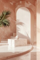 A beautifully designed minimalist interior with soft pink tones, natural light, and a striking palm leaf shadow on the wall.