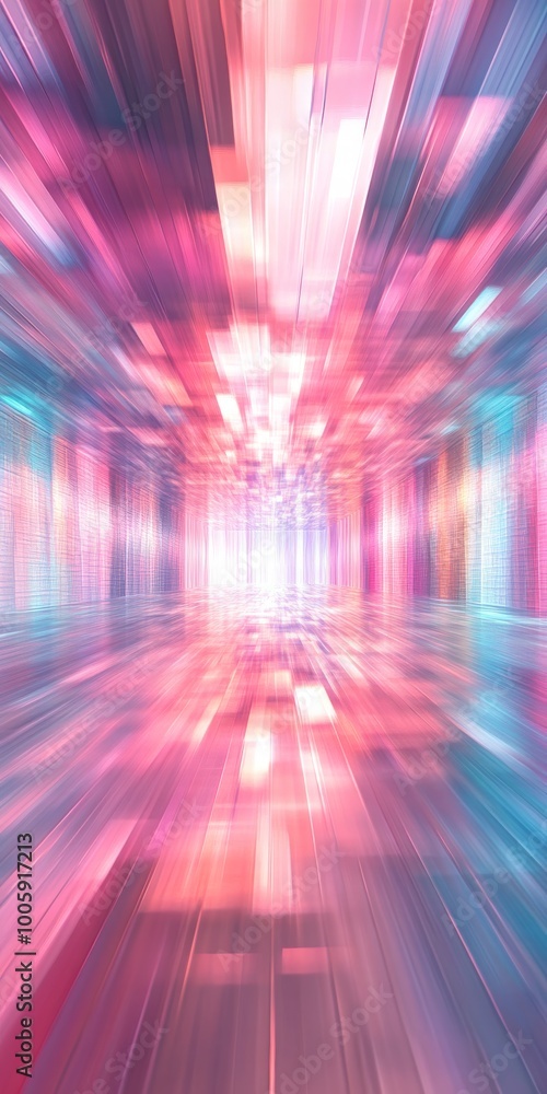 Poster a pink and blue image of a tunnel with a white light shining through it. the tunnel is long and narr