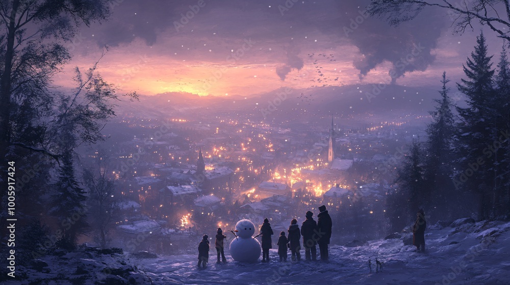 Poster Family gathered around a snowman at twilight with Christmas lights glowing in the trees and snow gently falling creating a magical scene Large space for text in center Stock Photo with copy space