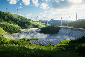 再生可能エネルギー。風力タービンとソーラーパネルが共存する美しい自然景観