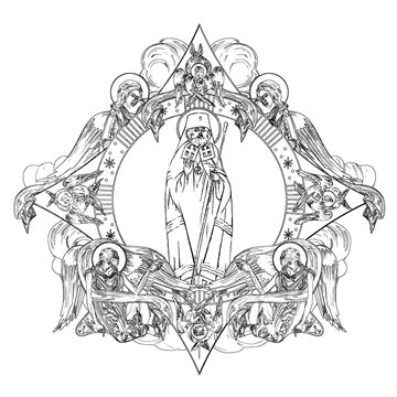 saint surrounded by angels, black and white clip art preview