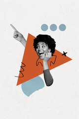 Vertical photo collage of bodyless american girl excited shocked news hand point index finger...