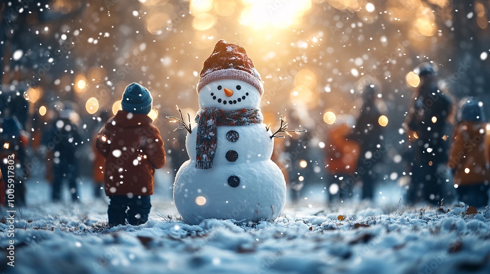 Aufkleber family gathered around a snowman at twilight with christmas lights glowing in the trees and snow gen