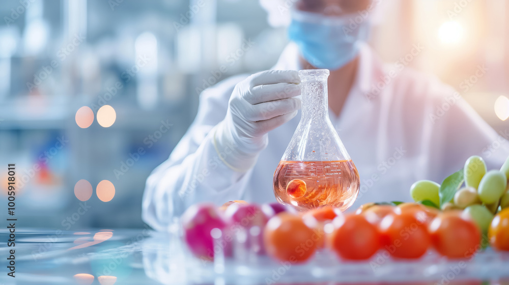 Poster a scientist in protective gear carefully pours a liquid into a flask while surrounded by various vib