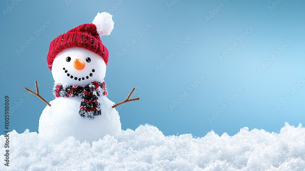 Poster grandparents helping their grandkids build a snowman with a carrot nose and stick arms in a snow-cov