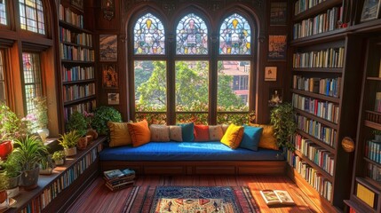 Obraz premium Cozy reading nook with stained glass windows, bookshelves, and colorful cushions.