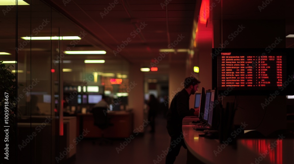 Aufkleber a dimly lit office with monitors displaying data, indicating a work environment focused on analysis.
