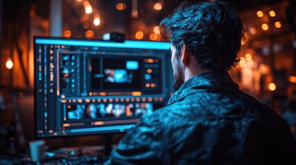 A detailed view of video editing software open on a screen, set in a photographer's office with bright decor