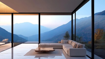 Obraz premium Modern living room, white sofa, wood table, panoramic mountain views, luxurious interior design.