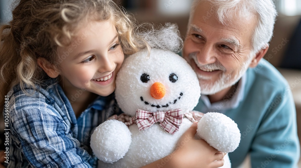 Poster Children hugging a snowman decorated with a Christmas bow and buttons while their grandparents stand nearby with smiles Large space for text in center Stock Photo with copy space