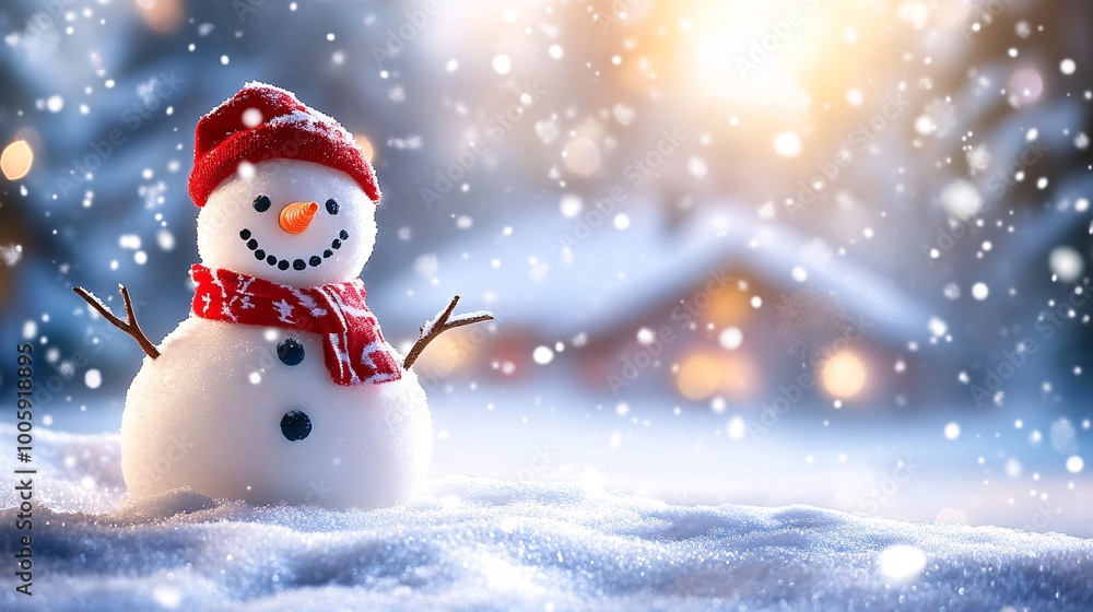 Aufkleber snow-covered yard with a snowman decorated in a red scarf children and grandparents standing around 