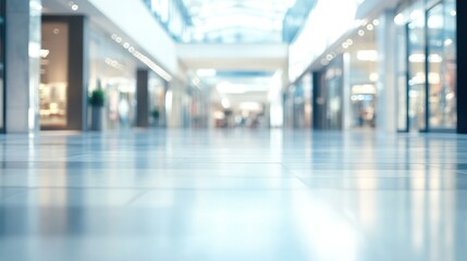 A blurred view of a modern shopping mall interior with shops lining the sides.