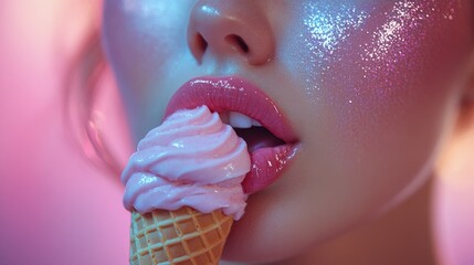 A dynamic image of a mouth with shimmering pink lips and a playful tongue extended to lick a bright ice cream cone. The scene captures a fun, sassy mood, with the vibrant colors of the ice cream