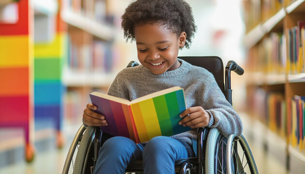 Happy student in wheelchair reading book in library
