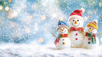 Fototapeta premium Family posing with their finished snowman holding holiday decorations and wearing colorful hats in a snowy landscape Large space for text in center Stock Photo with copy space