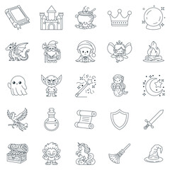 Medieval Fantasy icons set, Included icons as Book of Spells, Fairy, Dragon, Dwarf and more symbols collection, logo isolated vector illustration