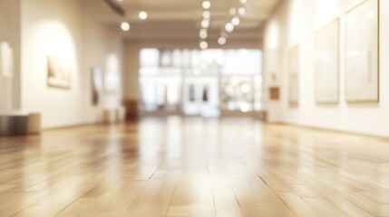 A blurred view of a spacious art gallery with wooden flooring and bright lighting.