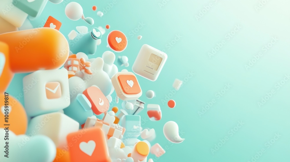 Poster a colorful array of 3d icons representing communication and social interaction.