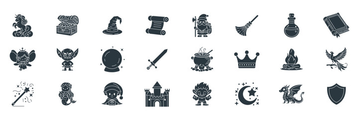 Medieval Fantasy icons set, Included icons as Book of Spells, Fairy, Dragon, Dwarf and more symbols collection, logo isolated vector illustration