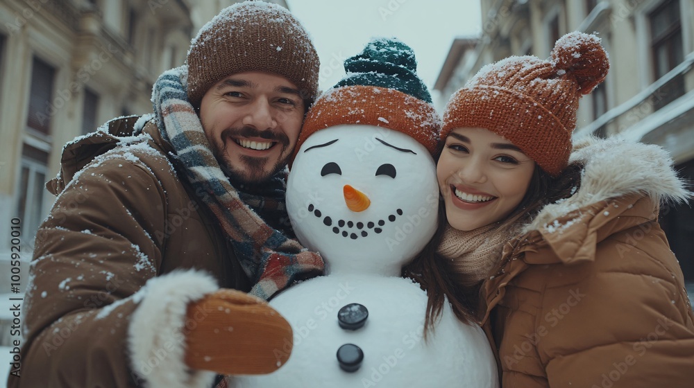 Poster happy family surrounding a snowman decorated with colorful holiday accessories and smiling for a fes