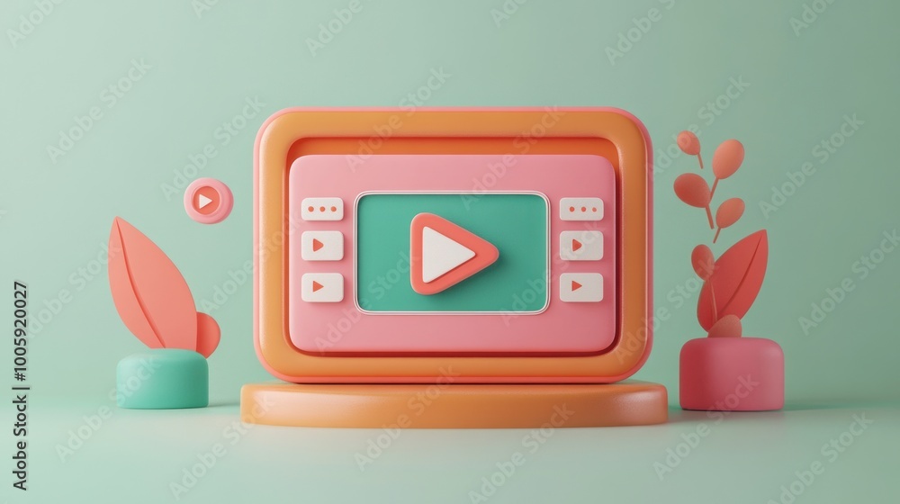 Poster a colorful 3d illustration of a video player interface with playful design elements.