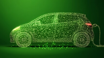 Electric Car Charging on Green Background Sustainable Transportation, EV Charging Station Concept