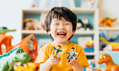 Fototapeta premium Joyful Toddler with Toys: A heartwarming image of a cheerful toddler surrounded by colorful dinosaur toys and action figures, radiating pure happiness and playful energy.