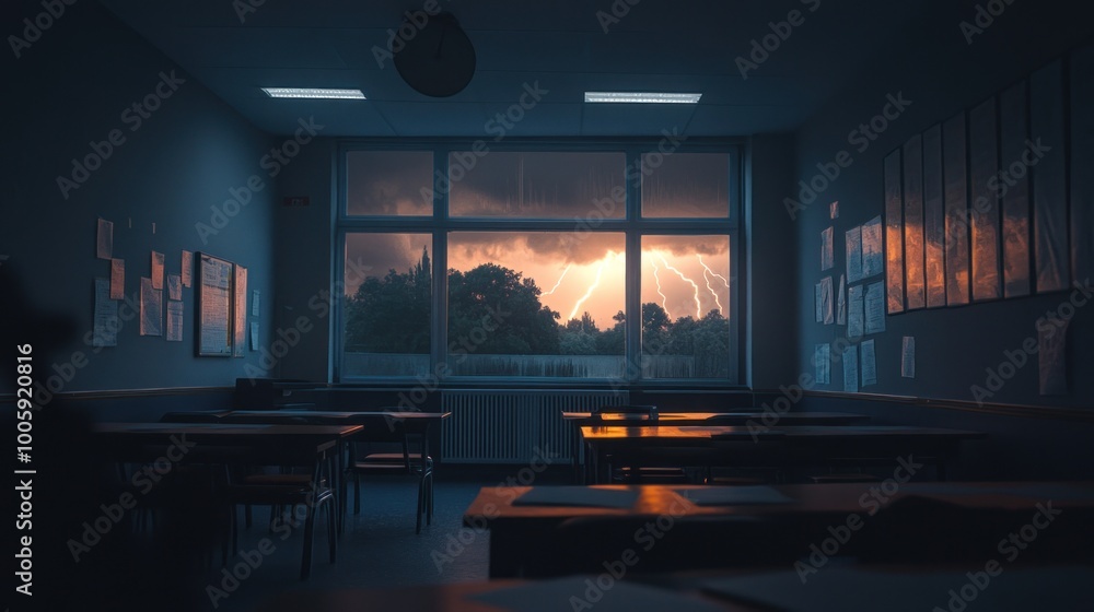 Poster a classroom scene illuminated by lightning during a storm, creating a dramatic atmosphere.