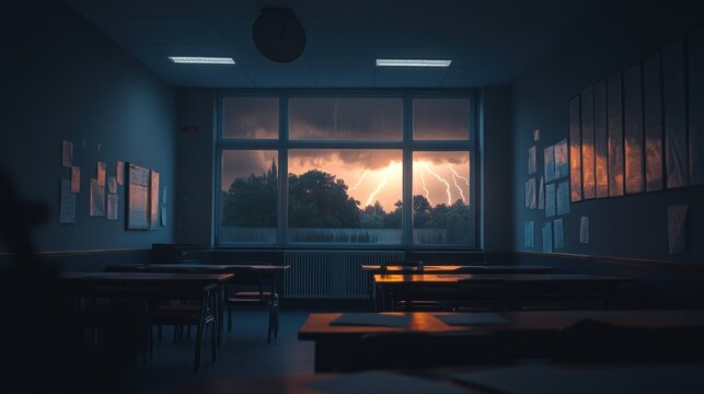 A classroom scene illuminated by lightning during a storm, creating a dramatic atmosphere.