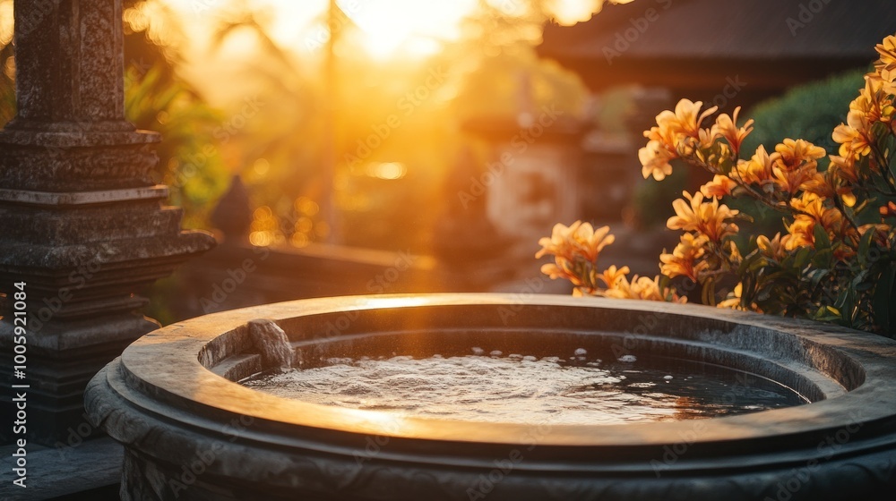 Wall mural A serene fountain surrounded by flowers at sunset, evoking tranquility and relaxation.