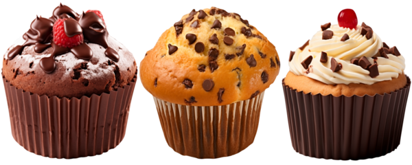 Close Up Front View To a Set of Tasty Warm muffin cakes PNG isolated on white and transparent background - Baked Sweet Cupcake Breakfast Food Bakery and Pastery Concept