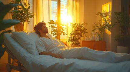 A serene hospital room with a patient and psychiatrist in discussion, featuring white decor, indoor plants, and soft warm light from the window.