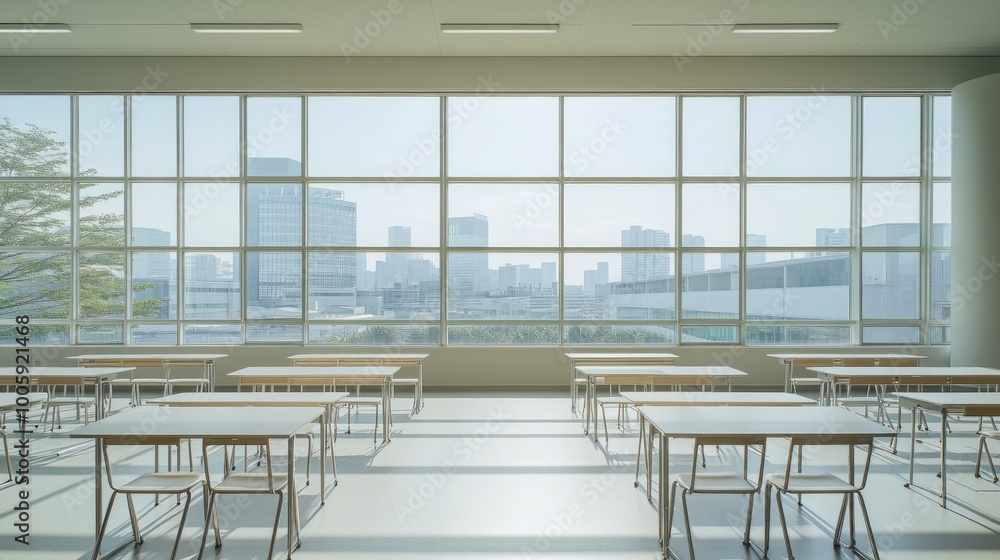 Poster a modern classroom with empty desks and large windows showcasing a city skyline.