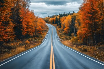 Fototapeta premium Winding Autumn Country Road Through Vibrant Foliage Landscape