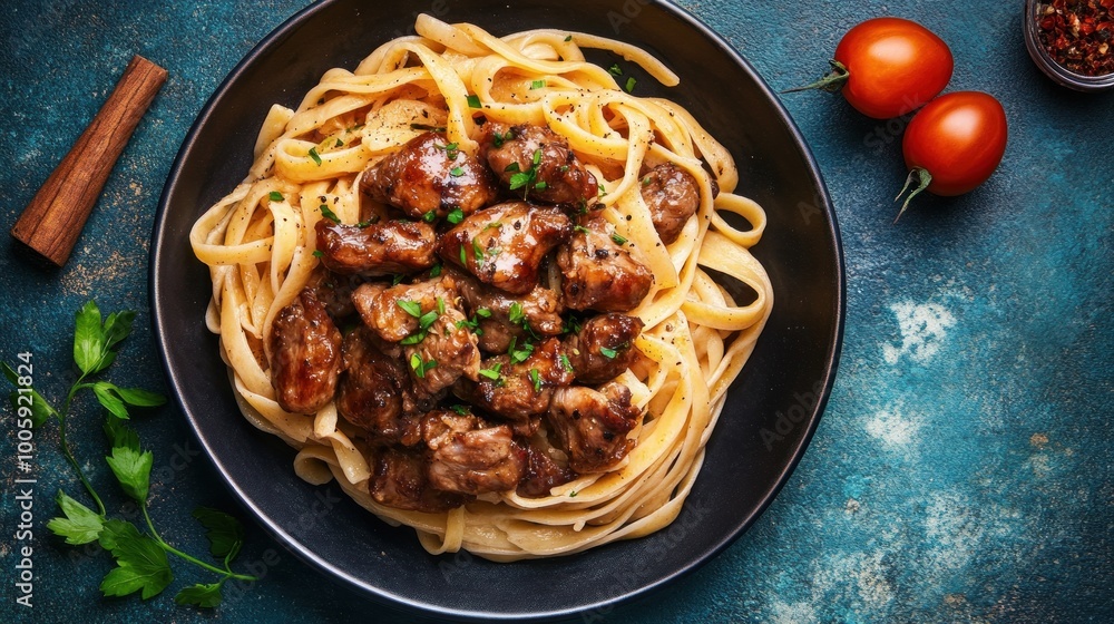 Poster A delicious plate of fettuccine pasta topped with savory beef and garnished with herbs.