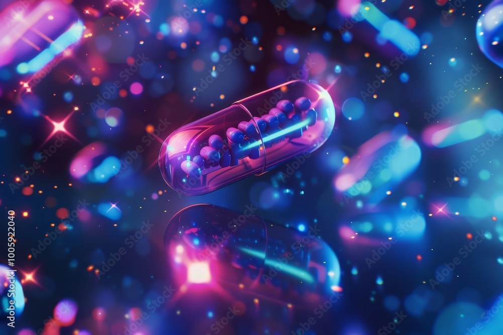 Poster a vibrant exploration of a colorful capsule surrounded by shimmering particles in an abstract cosmic