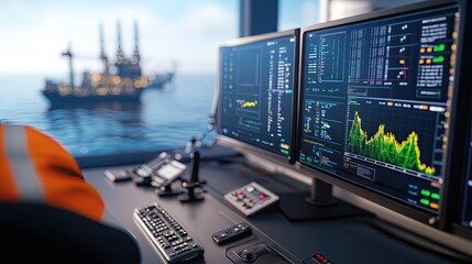Control room of an offshore oil rig with dual monitors displaying data and analytics for energy management.