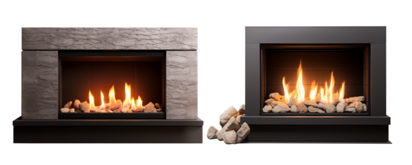 Close Up Front View To a Cozy Modern stone fireplace PNG isolated on white and transparent background - Living room Stone mantel Cozy hearth with a warm fire