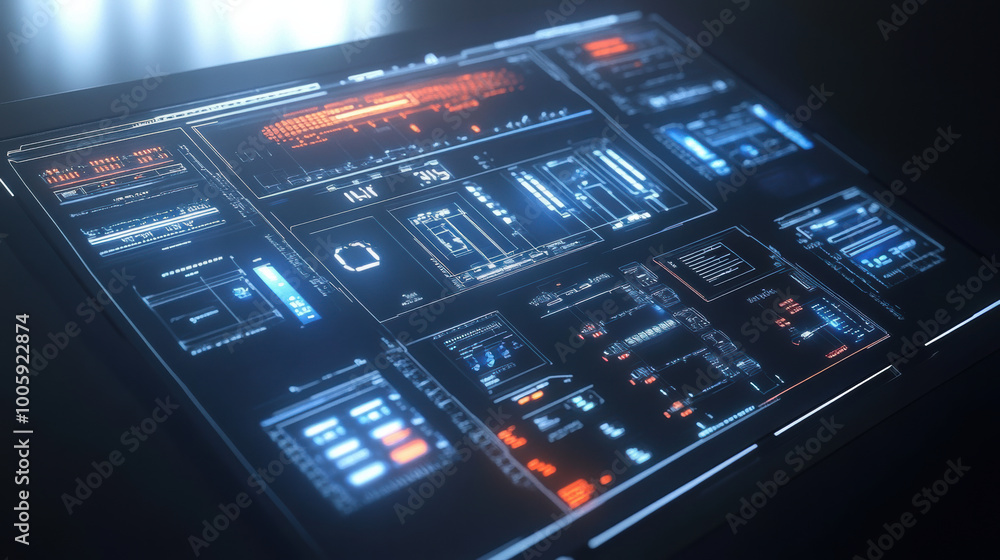 Poster futuristic 3D control panel displaying various data and metrics, illuminated with vibrant colors. This high tech interface suggests advanced technology and space exploration