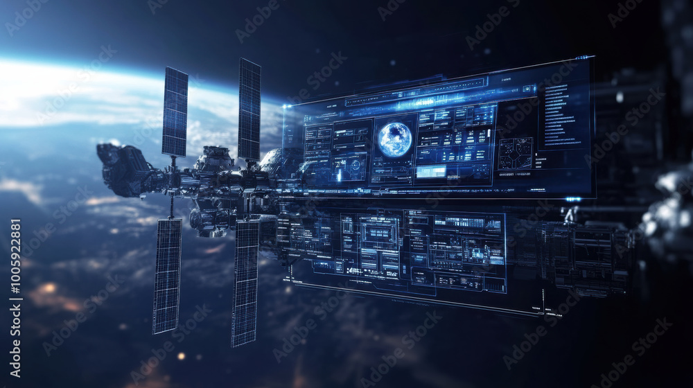 Poster futuristic floating 3d control panel displays data about space station orbiting earth, showcasing ad
