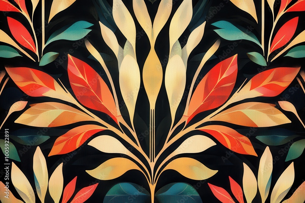 Poster botanical patterned repetitive layout. conceptual digital structure. art nouveau foliage background