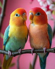Fototapeta premium Close-Up of Two Cute Pastel Rainbow Lovebirds on a Pastel Pink Background with Copy Space – Adorable Bird Photography