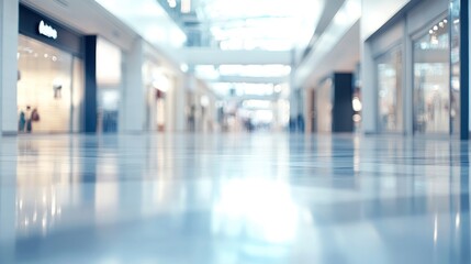A blurred view of a shopping mall interior with storefronts and a bright atmosphere.