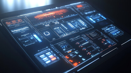 Fototapeta premium futuristic 3D control panel displaying various data and metrics, illuminated with vibrant colors. This high tech interface suggests advanced technology and space exploration