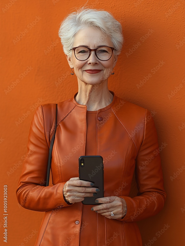 Poster grandmother with a playful smile in a bold leather outfit holding a modern smartphone and posing con